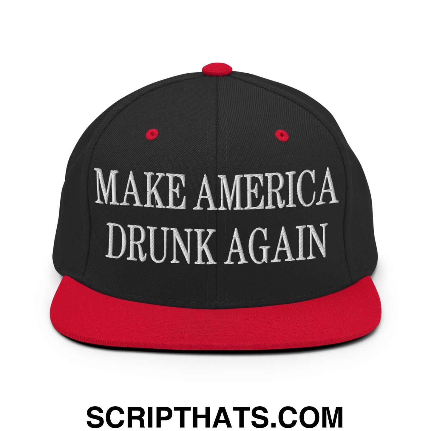 Black and red flat bill snapback hat with white embroidered make america drunk again text for casual wear