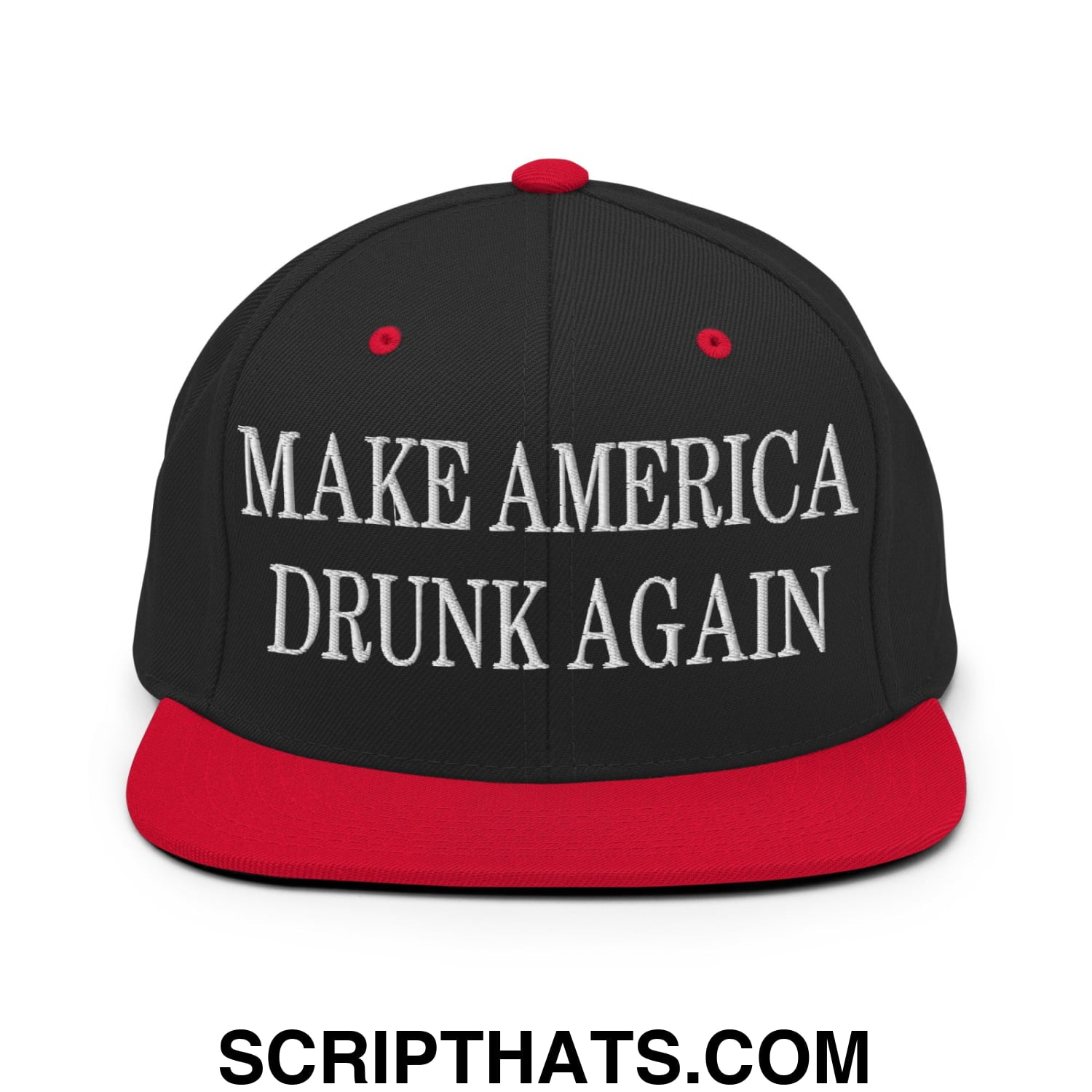Black and red flat bill snapback hat with white embroidered make america drunk again text for casual wear