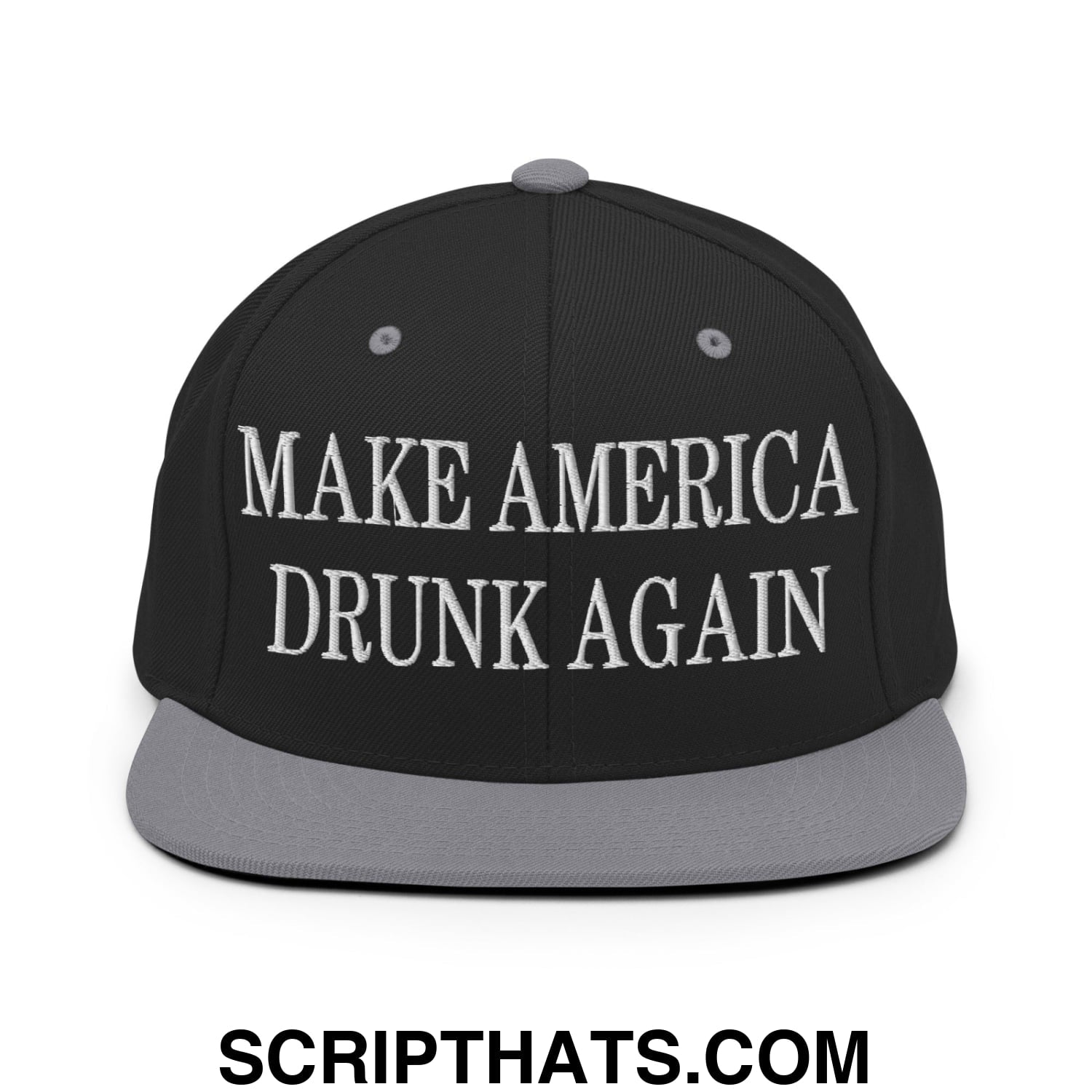 Black snapback cap with gray brim and white embroidered text make america drunk again for casual wear