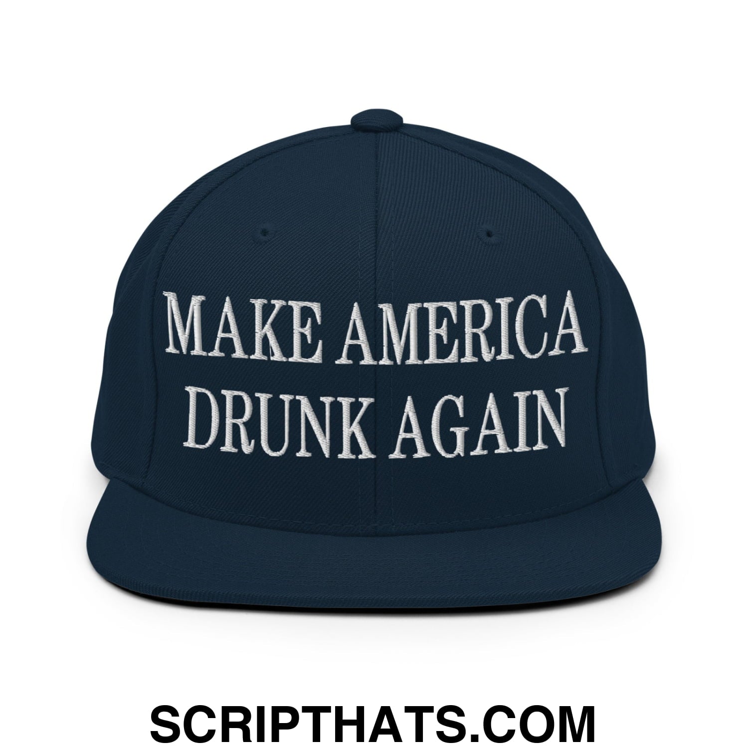 Navy blue snapback hat with white embroidered text make america drunk again flat bill brim design