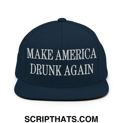Navy blue snapback hat with white embroidered text make america drunk again flat bill brim design