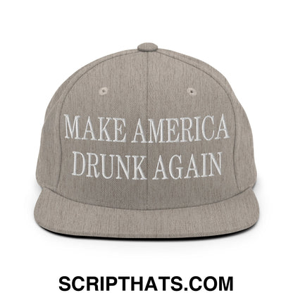 Gray snapback hat with white embroidered make america drunk again text and flat bill brim for casual wear
