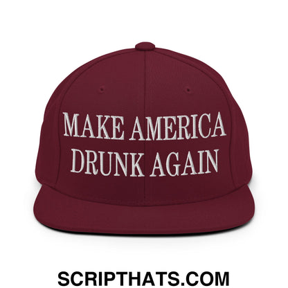 Maroon make america drunk again embroidered flat bill snapback hat with white text for casual wear