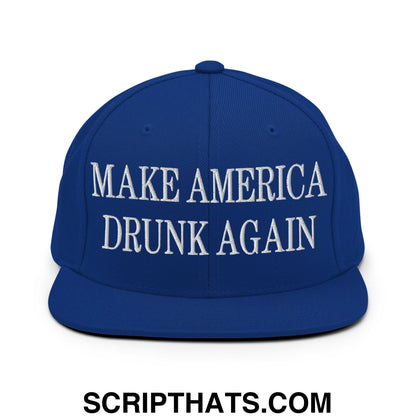 Royal blue snapback cap with white embroidered make america drunk again text and flat bill brim design