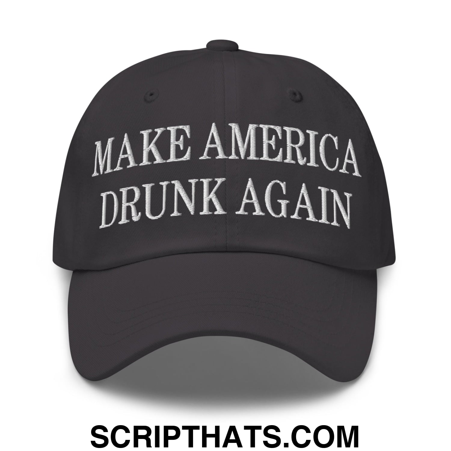 Black unstructured dad hat with white embroidered text make america drunk again perfect for casual wear