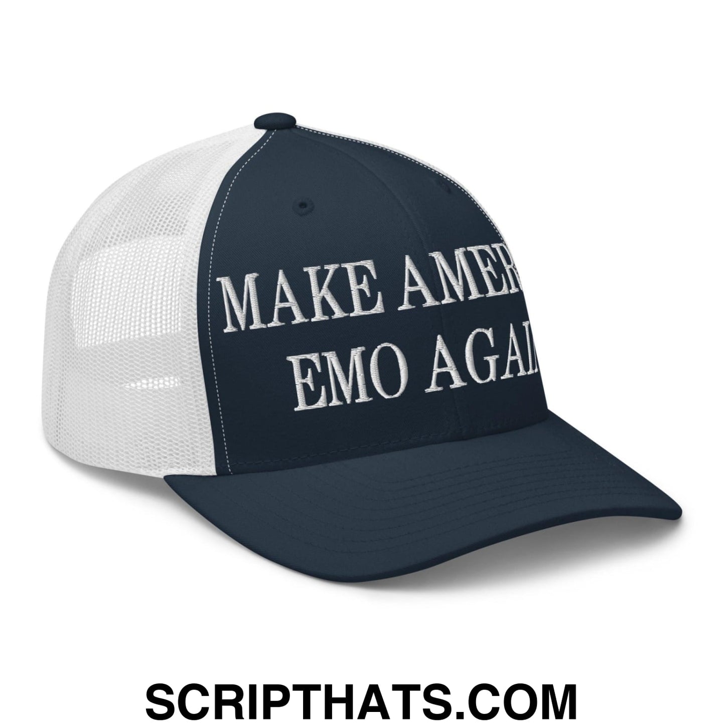 Make America Emo Again Embroidered Mesh Trucker Hat Navy White