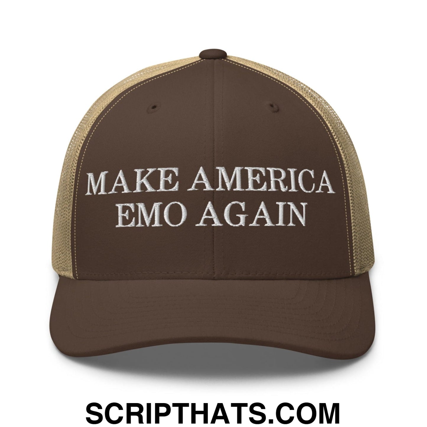 Make America Emo Again Retro Trucker Hat Brown Khaki