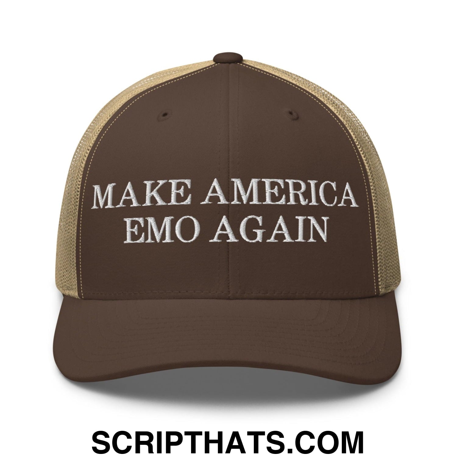 Make America Emo Again Retro Trucker Hat Brown Khaki