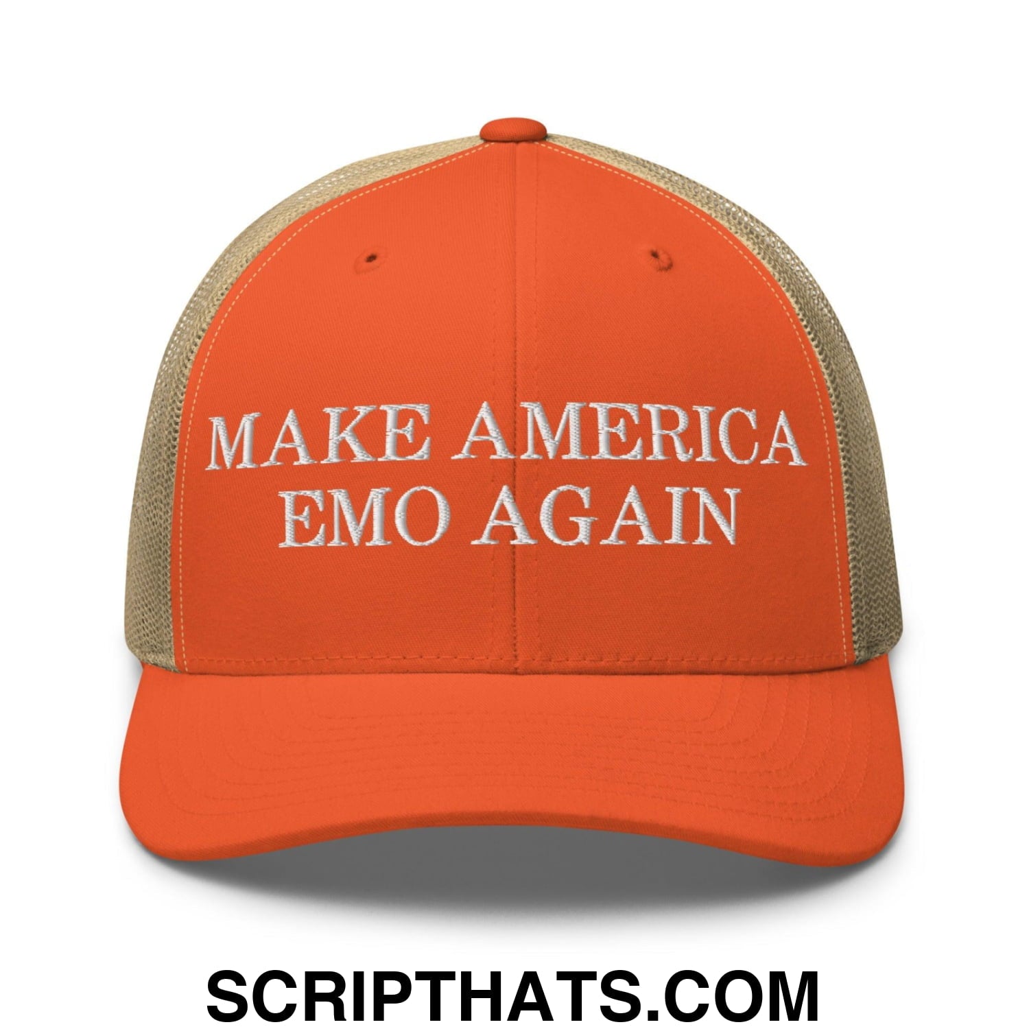 Make America Emo Again Retro Trucker Hat Rustic Orange Khaki