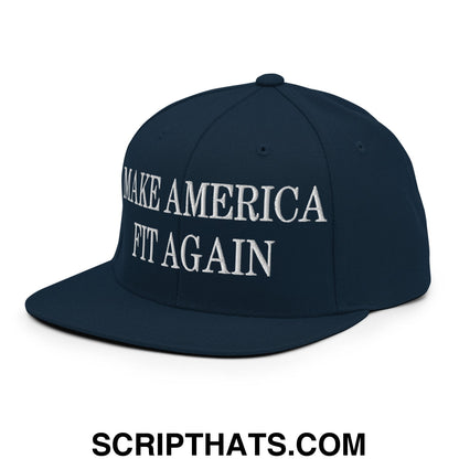 Dark navy blue snapback hat with white embroidered make America fit again text and flat bill brim design