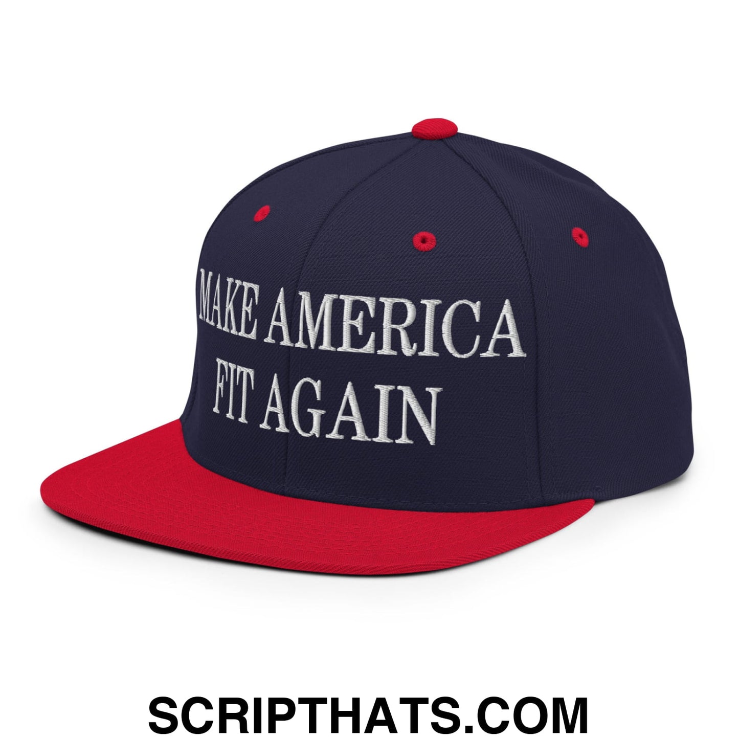 Navy blue and red snapback hat with white embroidered make America fit again text on a flat bill brim design
