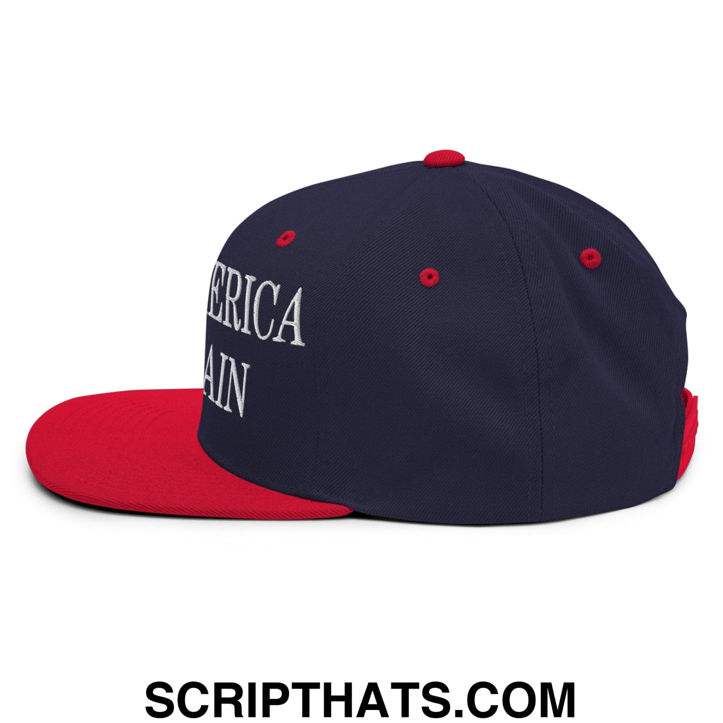 Navy blue and red snapback hat with white embroidered america again text and flat bill brim for casual wear