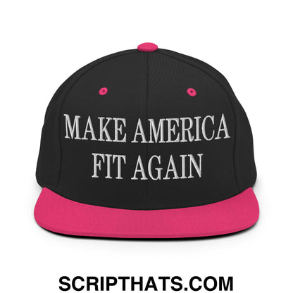 Black snapback cap with vibrant pink brim and button featuring white embroidered make america fit again text
