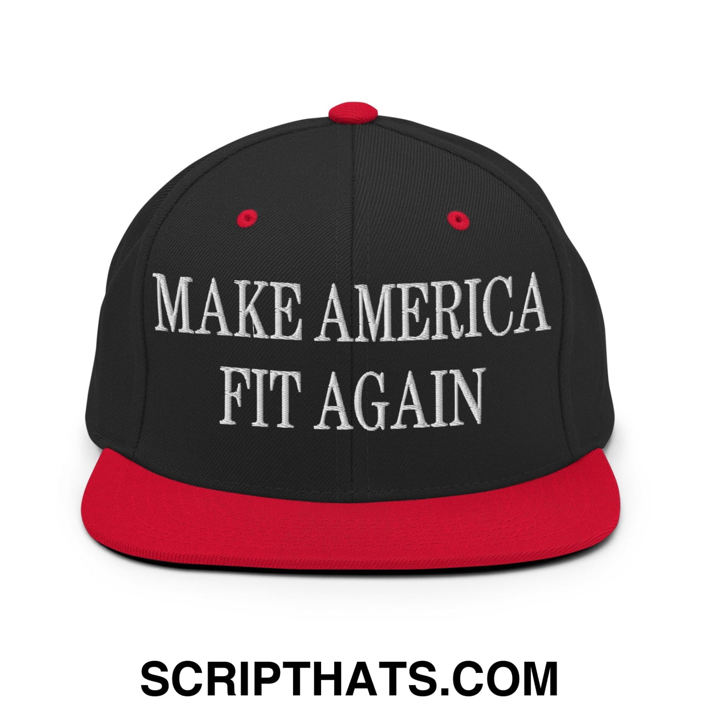 Black snapback cap with red brim and white embroidered make america fit again text on front panel