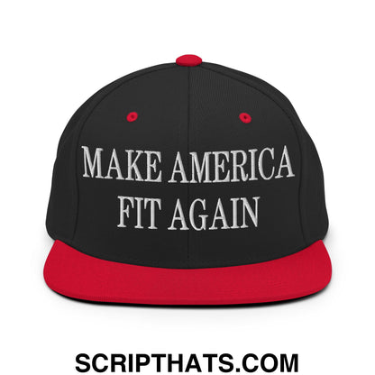 Black snapback cap with red brim and white embroidered make america fit again text on front panel