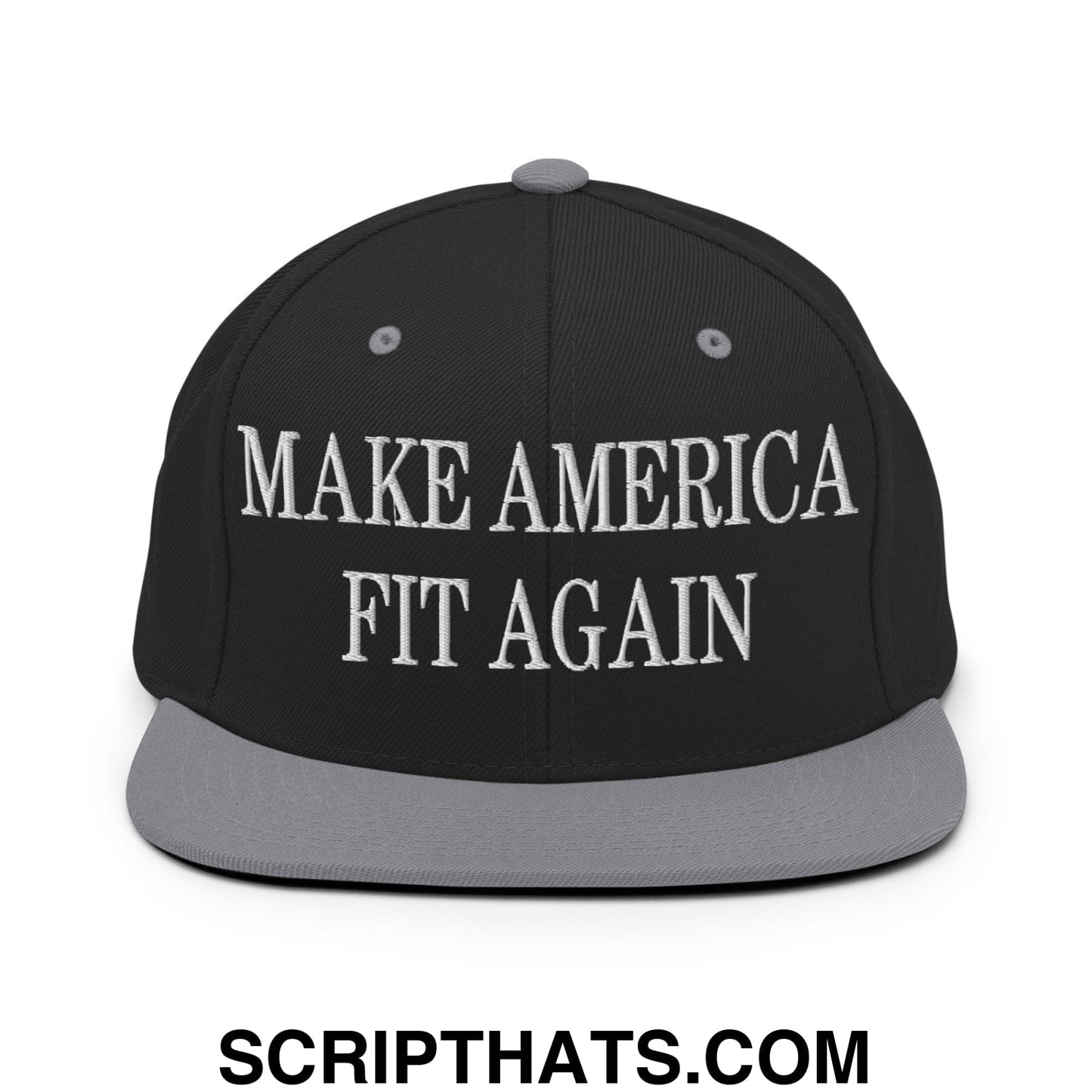 Black snapback cap with gray brim and button featuring white embroidered text make america fit again