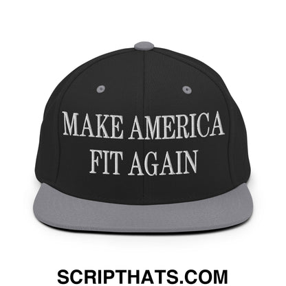 Black snapback cap with gray brim and button featuring white embroidered text make america fit again