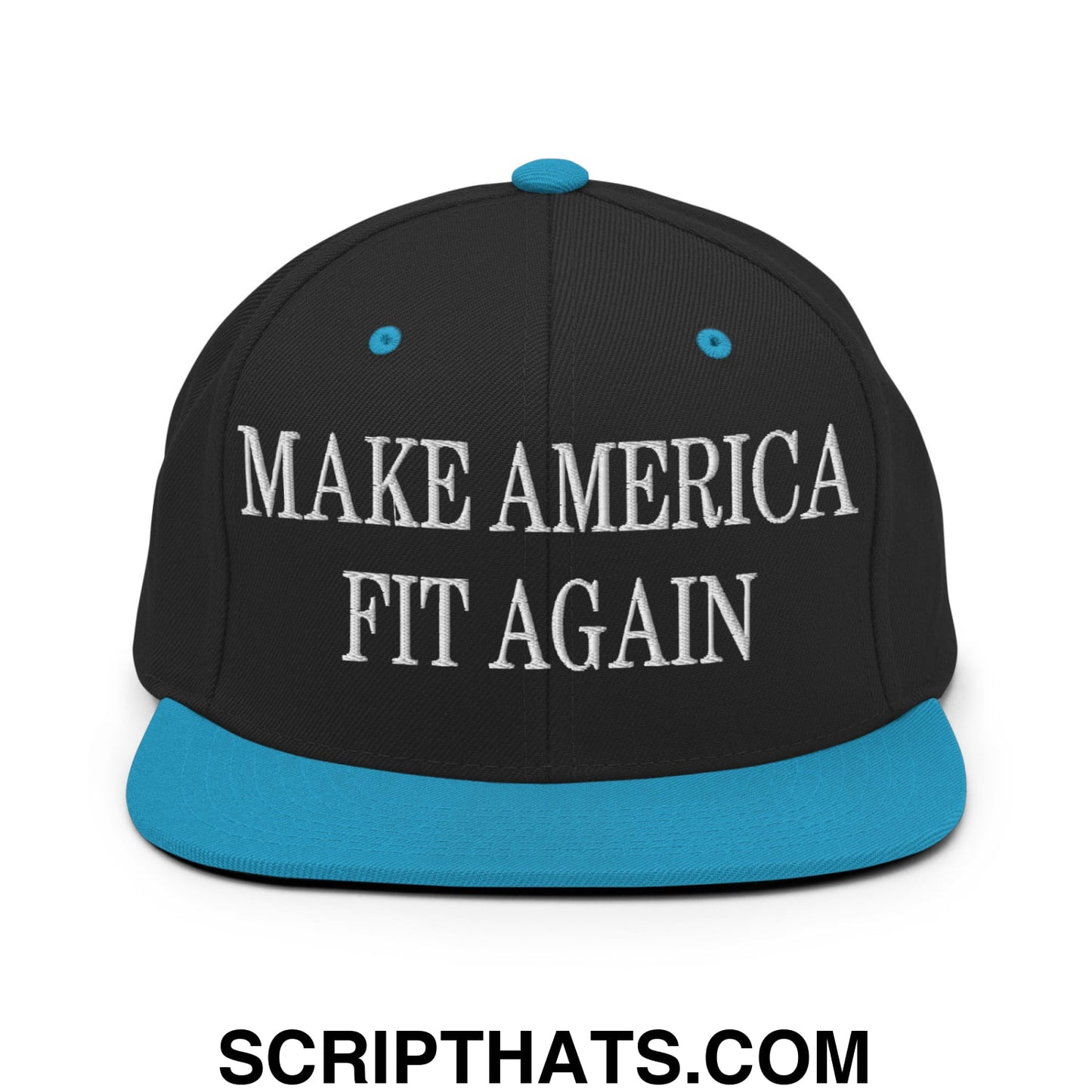 Black snapback cap with teal flat bill brim and white embroidered text make america fit again
