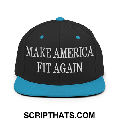 Black snapback cap with teal flat bill brim and white embroidered text make america fit again