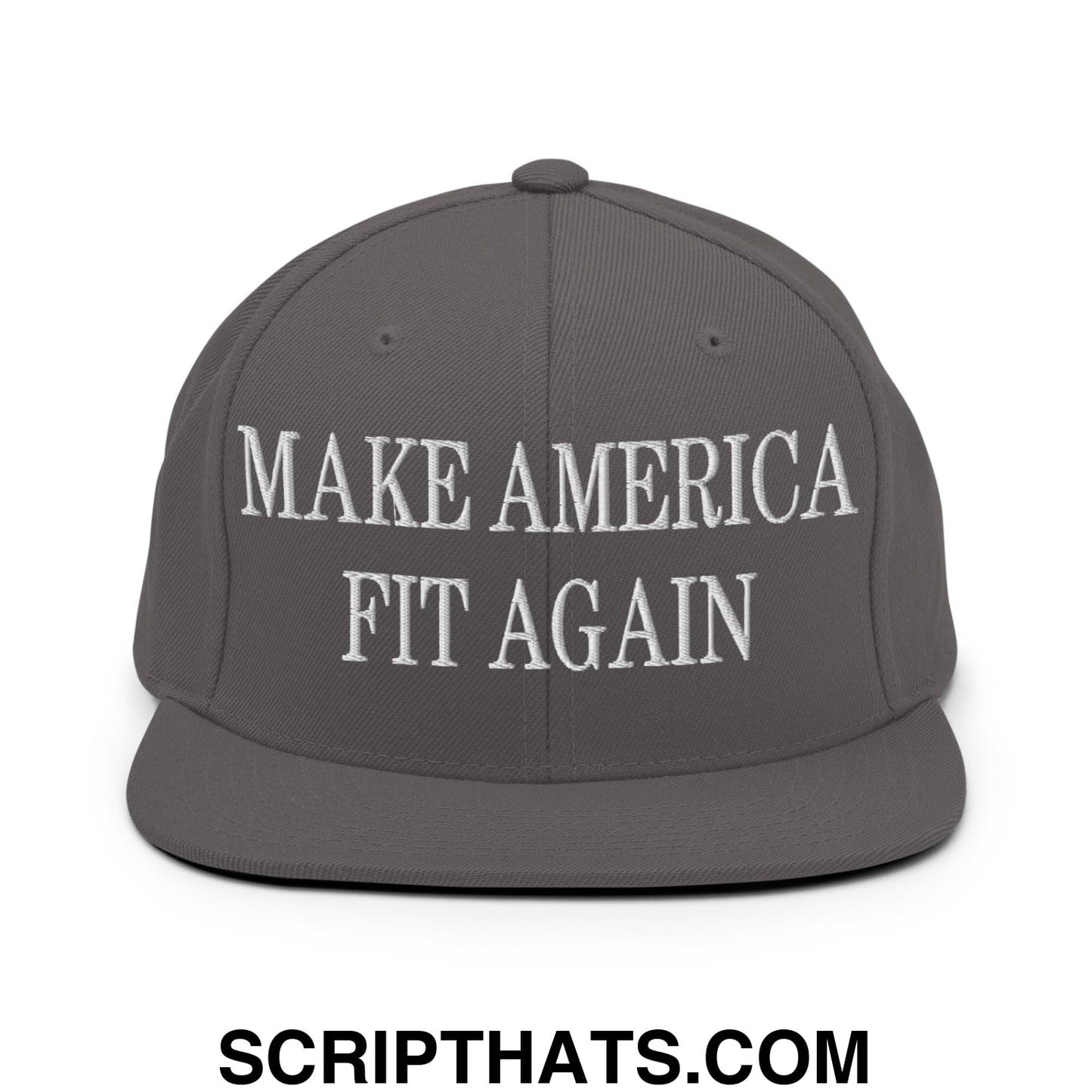 Gray flat bill brim snapback hat with white embroidered text reading make America fit again for casual wear