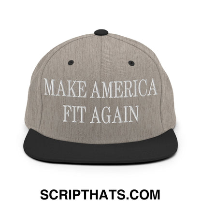 Gray and black snapback cap with white embroidered make america fit again text and flat bill brim design