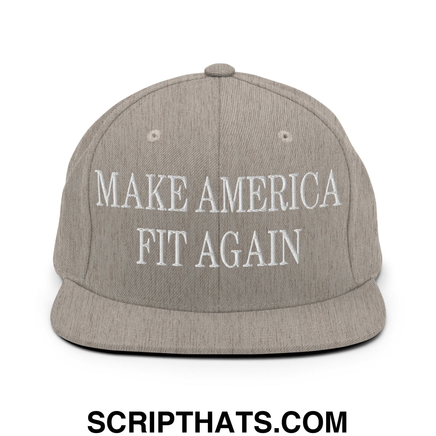Gray flat bill brim snapback hat with white embroidered make america fit again text in a casual style