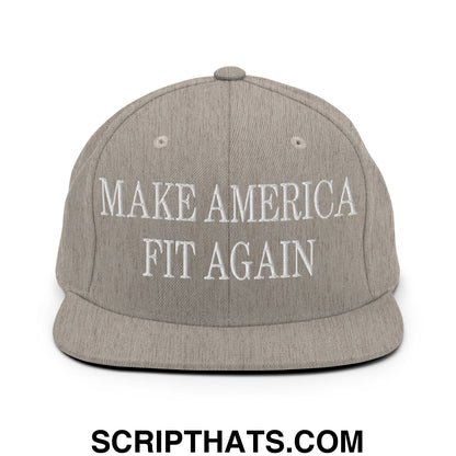 Gray flat bill brim snapback hat with white embroidered make america fit again text in a casual style