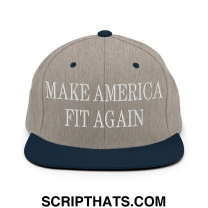 Beige and navy blue snapback hat with make america fit again embroidered in white on front flat bill brim