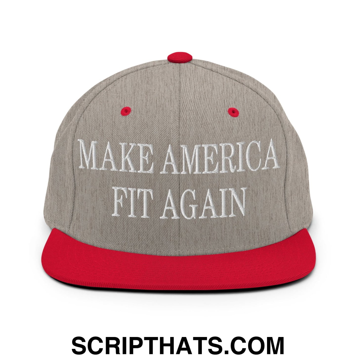 Gray and red snapback hat with flat bill brim and white embroidered make america fit again text