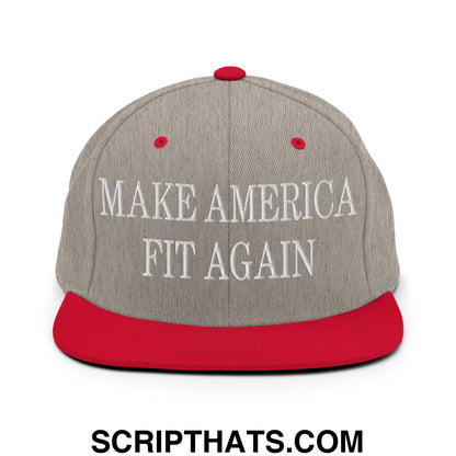 Gray and red snapback hat with flat bill brim and white embroidered make america fit again text