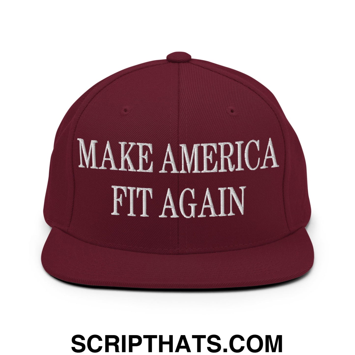 Maroon snapback hat with white embroidered make america fit again text and flat bill brim for casual wear
