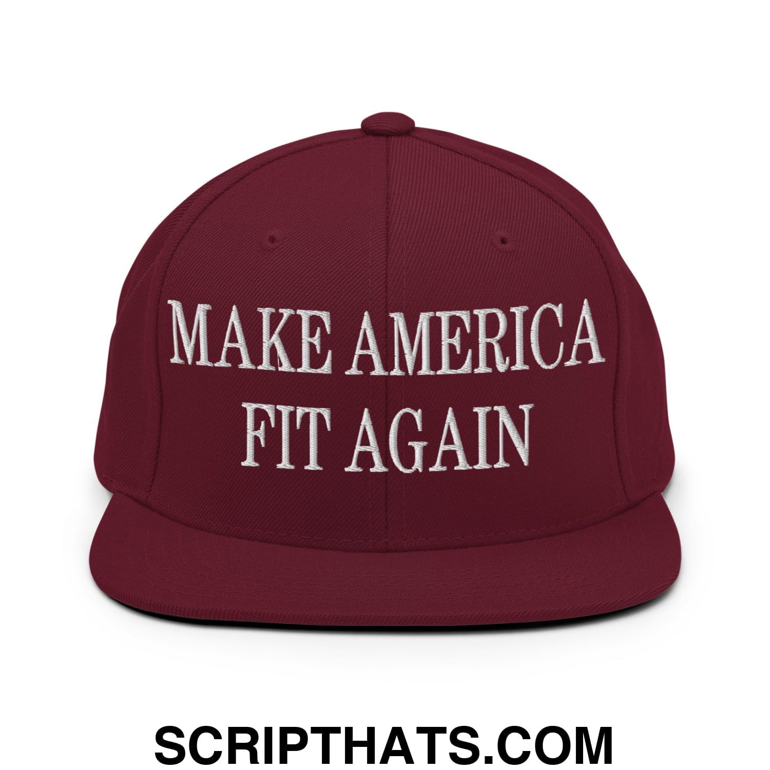 Maroon snapback hat with white embroidered make america fit again text and flat bill brim for casual wear