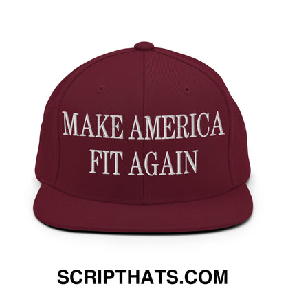 Maroon snapback hat with white embroidered make america fit again text and flat bill brim for casual wear