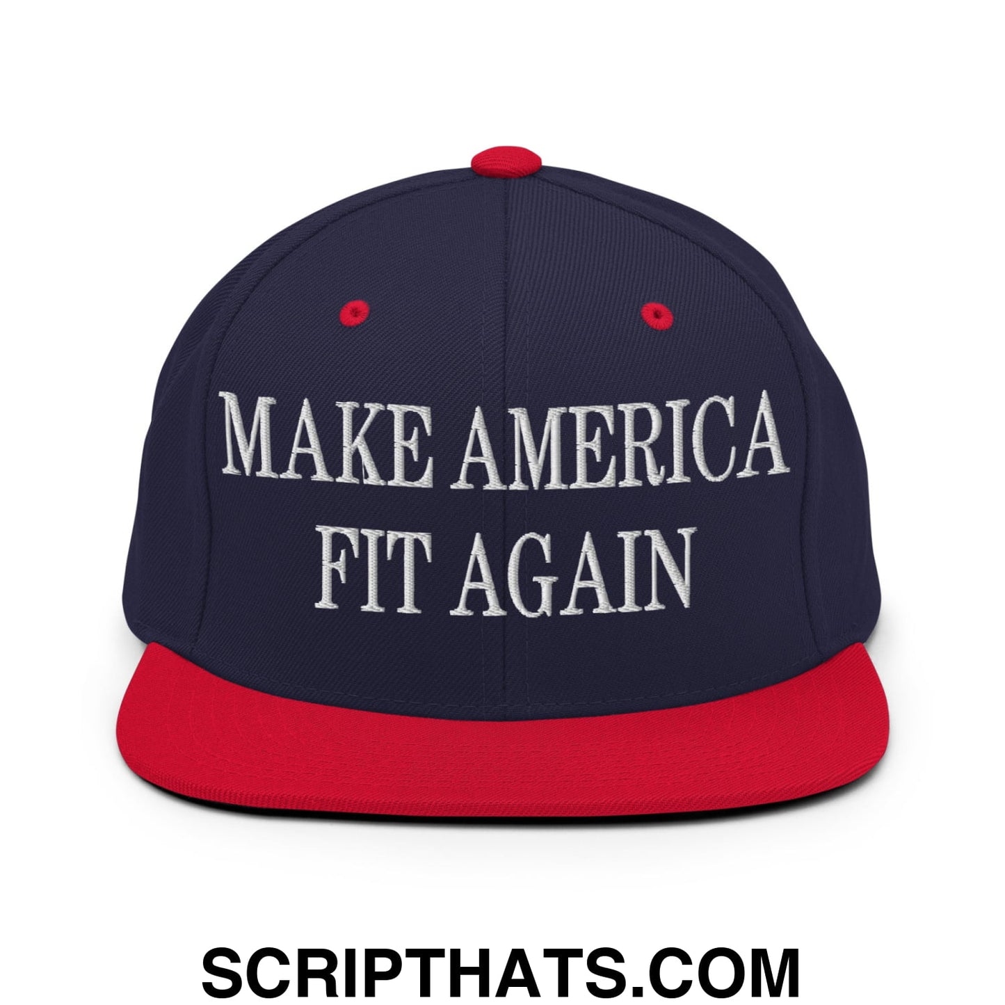 Navy blue and red snapback hat with flat bill brim featuring white embroidered make america fit again text