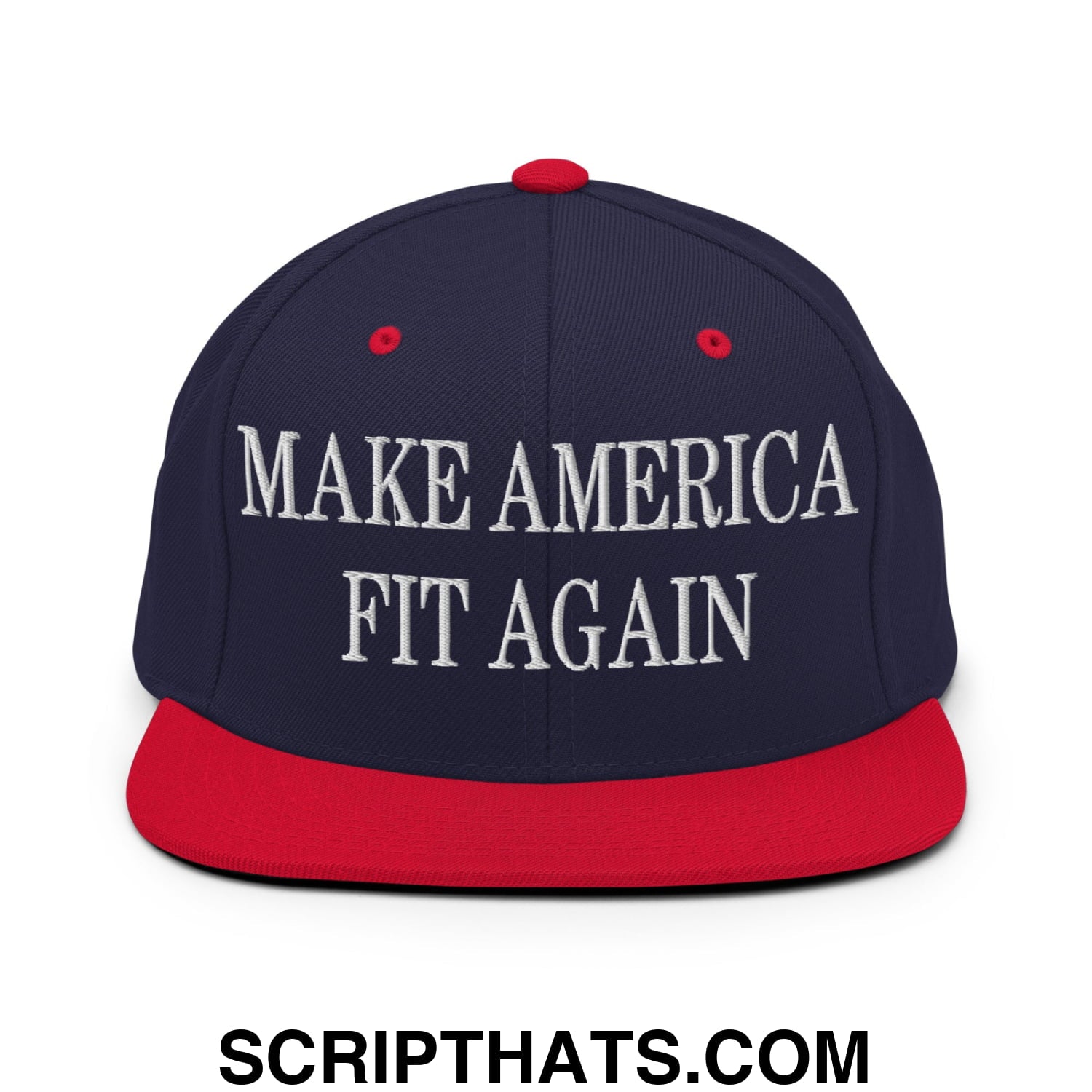 Navy blue and red snapback hat with flat bill brim featuring white embroidered make america fit again text