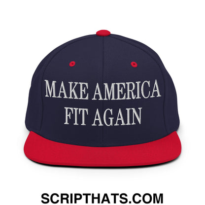 Navy blue and red snapback hat with flat bill brim featuring white embroidered make america fit again text
