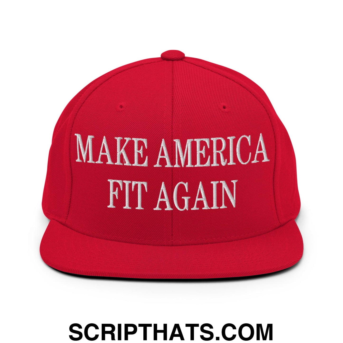 Red snapback cap with white embroidered make america fit again text and flat bill brim for casual wear