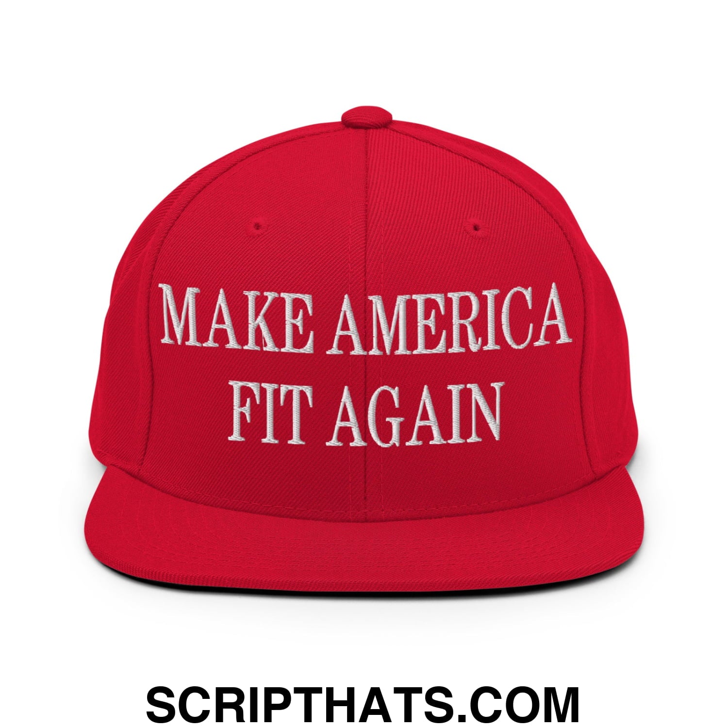 Red snapback cap with white embroidered make america fit again text and flat bill brim for casual wear