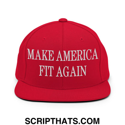 Red snapback cap with white embroidered make america fit again text and flat bill brim for casual wear
