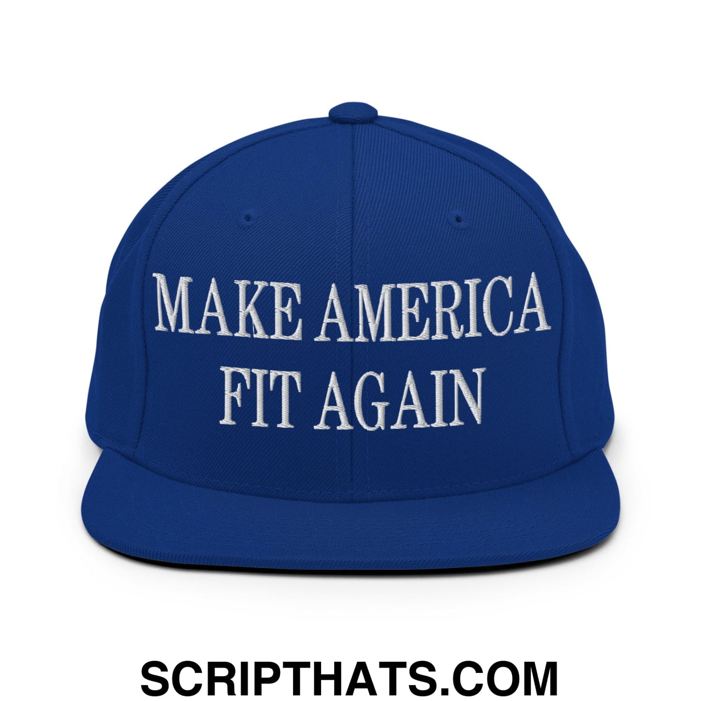 Royal blue snapback hat with white embroidered make america fit again text and flat bill brim design