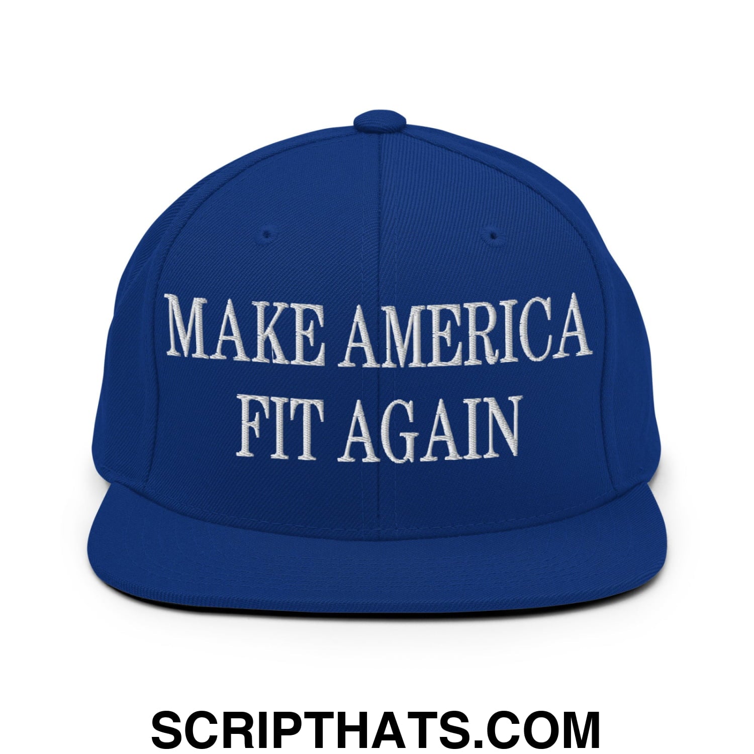 Royal blue snapback hat with white embroidered make america fit again text and flat bill brim design