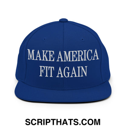 Royal blue snapback hat with white embroidered make america fit again text and flat bill brim design