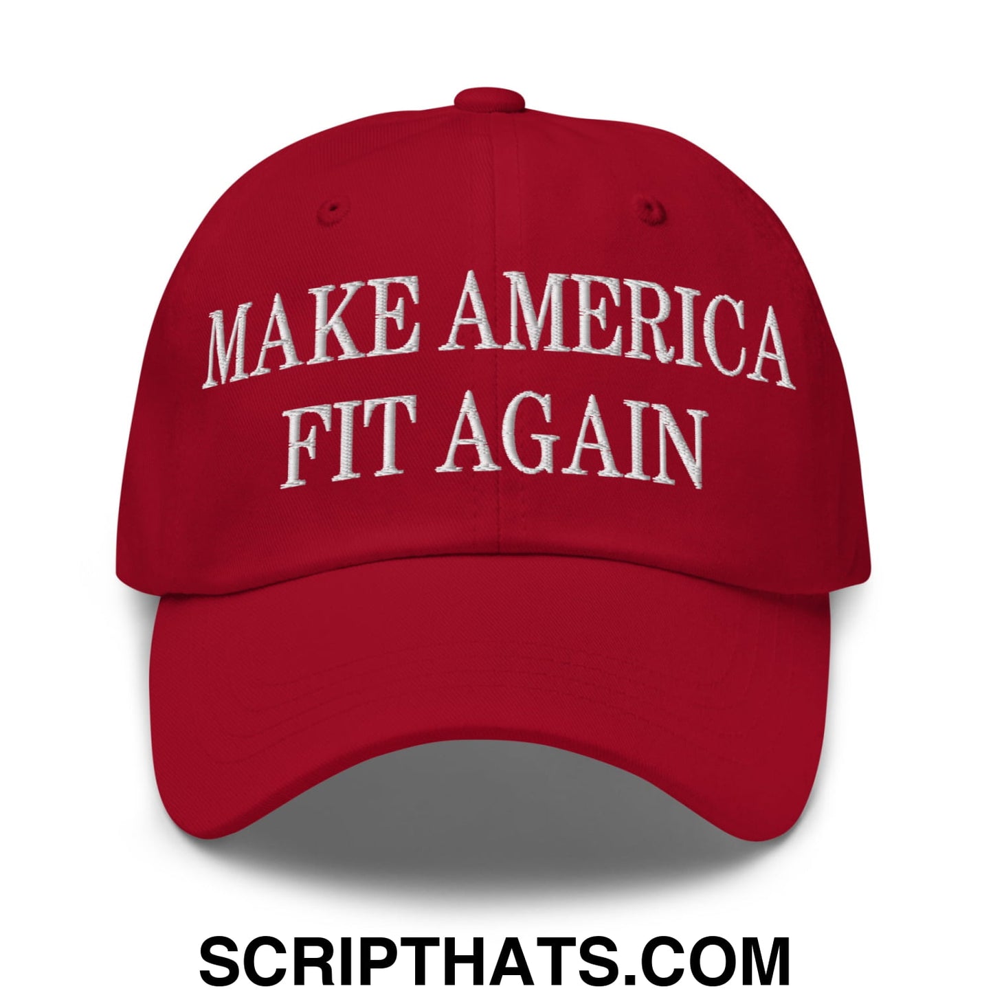 Red embroidered make america fit again unstructured dad hat featuring white text and adjustable strap