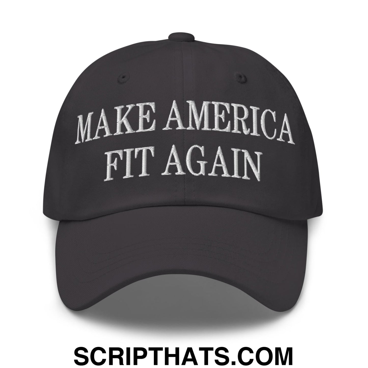 Black embroidered unstructured dad hat with white make america fit again text for casual wear