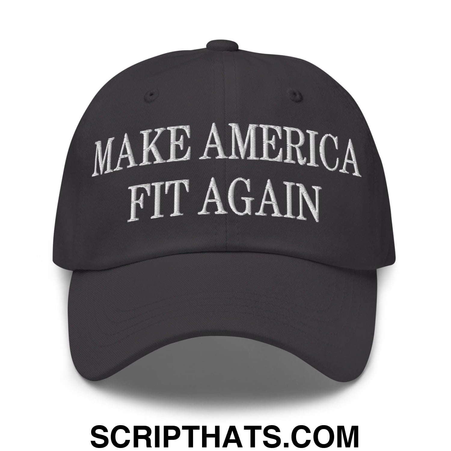 Black embroidered unstructured dad hat with white make america fit again text for casual wear