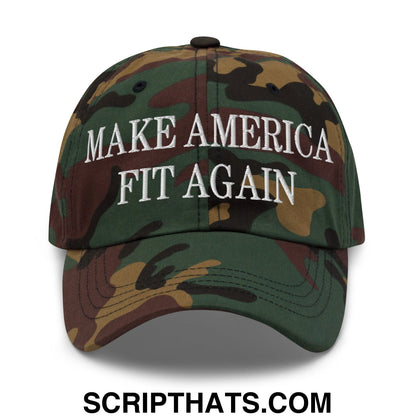 Make America Fit Again embroidered unstructured dad hat with white text on camouflage patterned baseball cap