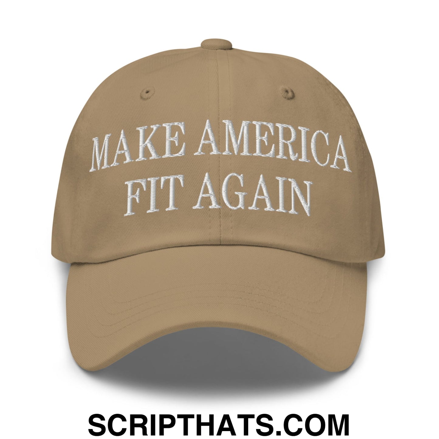 Tan embroidered unstructured dad hat with white make america fit again text for casual fitness wear