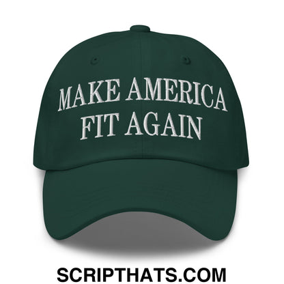 Dark green embroidered unstructured dad hat with white make america fit again text for casual wear