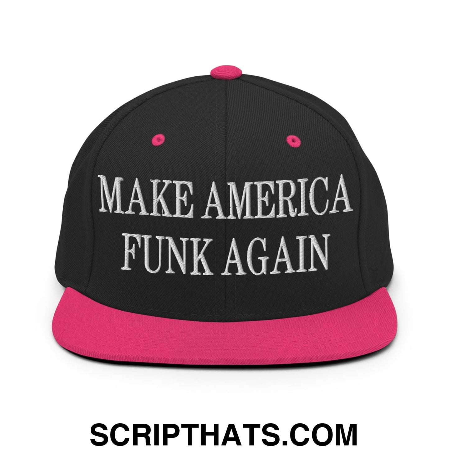 Make america funk again embroidered flat bill snapback hat featuring a black cap with vibrant pink brim and button