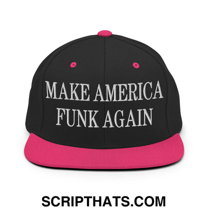Make america funk again embroidered flat bill snapback hat featuring a black cap with vibrant pink brim and button